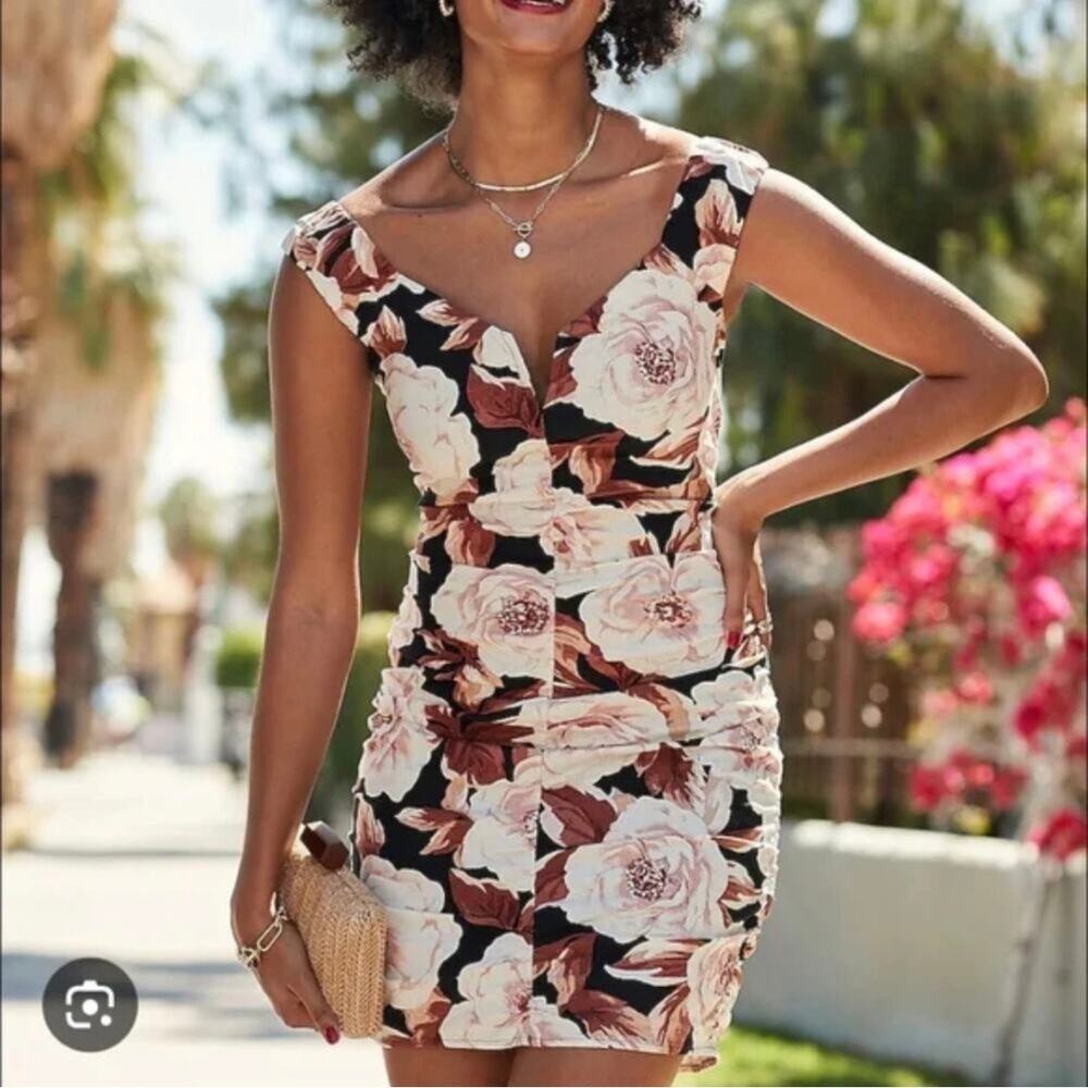 NWT Express Brown/Pink Floral Ruched Mini Dress Size XS Linen Blend Scoop Neck - Picture 2 of 13